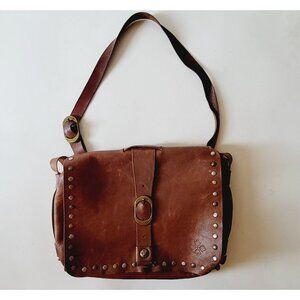 Patricia Nash Cognac Brown Tan Saddle Leather Studded Crossbody Messenger Bag